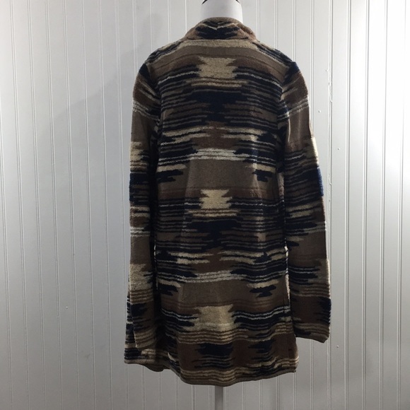 Lucky Brand Tan Blue Aztec Knit Cardigan Sweater Womens Small Drape Front Boho - Picture 3 of 10